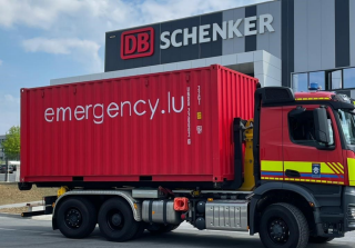 emergency.lu container in front of DB Schenker